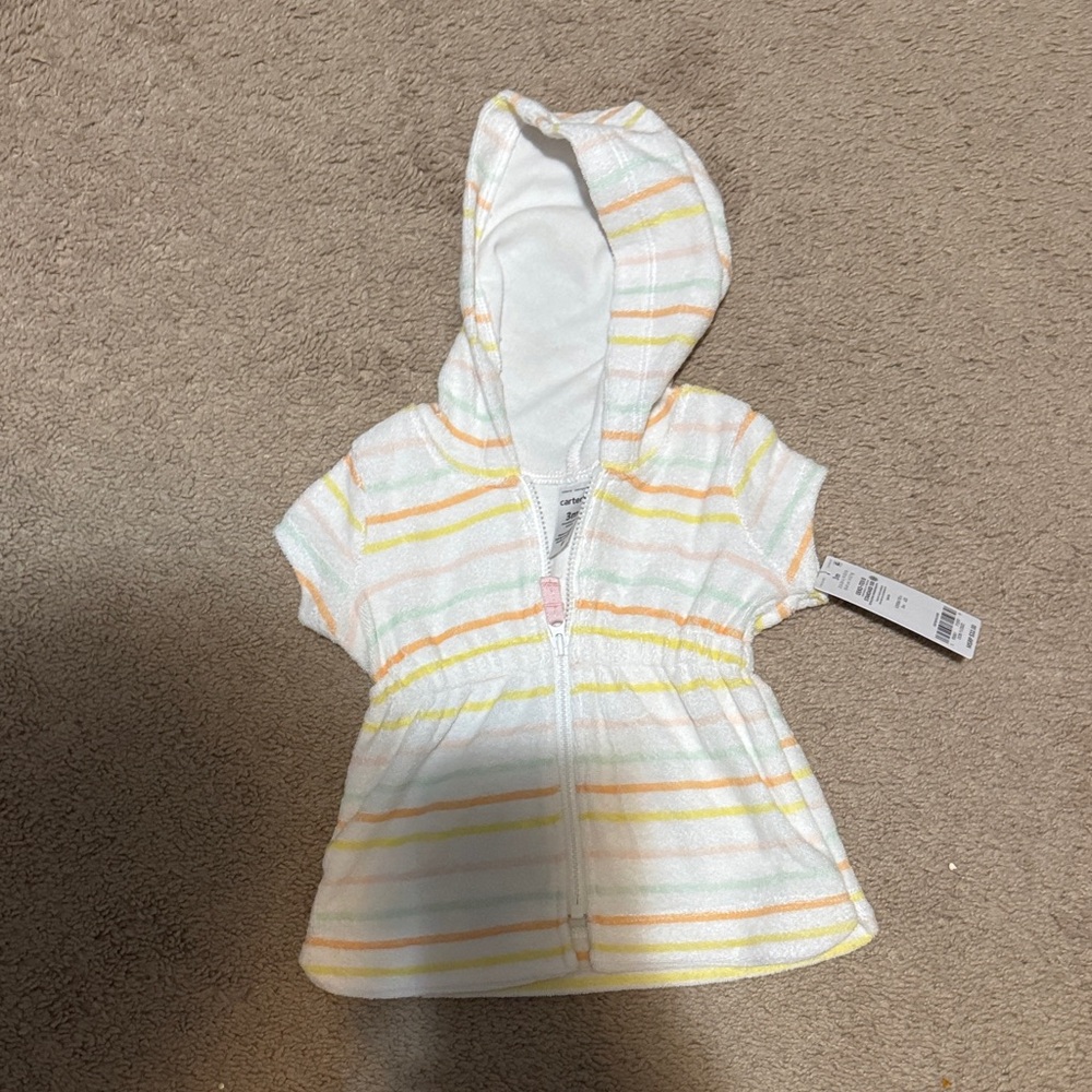Carter's White Hooded Terry Coverup with Pastel Yellow, Peach, Mint Stripes